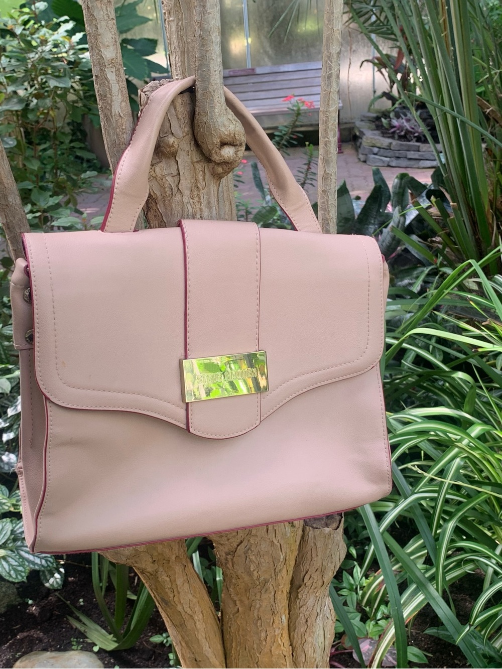 Authentic Steve Madden Women's Pink Structured Top-Handle Handbag gold ID charm